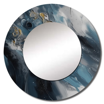 Ordean Blue And White Transcendent Brushstrokes III - Abstract Painting Mirror, Blue Round Unique Wall Mirror, Printed Metal Art