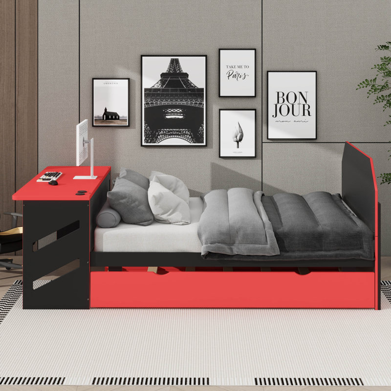 Lit de jour en bois double - Lit gigogne simple, bureau et ports de chargement USB inclus, Rouge