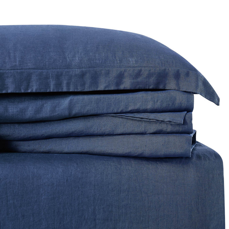 Ensemble de draps en lin Nena Aybar, Ensemble de draps pour grand lit avec 2 taies d'or, Bleu marine
