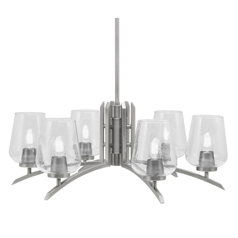 Lustre à 6 lumières kurve présenté dans une finition graphite avec verre à bulles transparent de 5 po