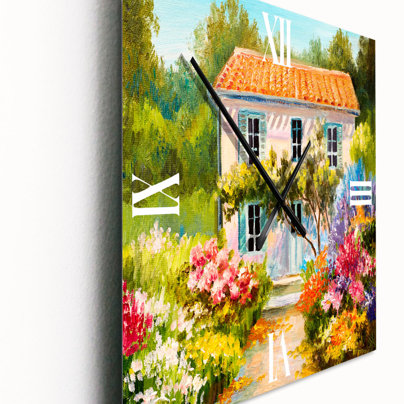 Horloge murale Petite maison sur la montagne avec fleurs II, Très grand