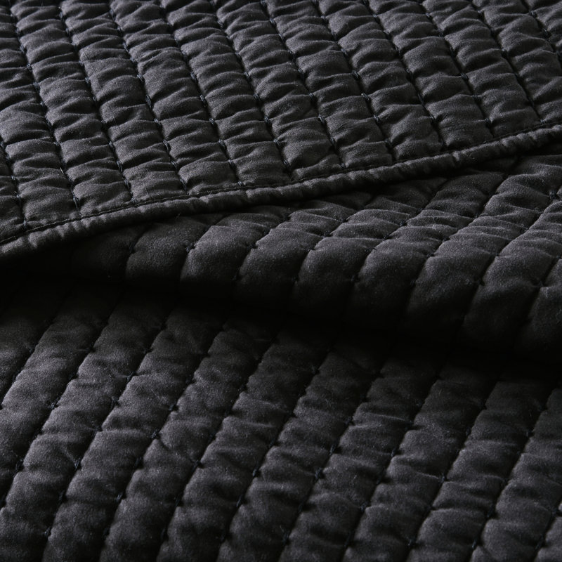 3 pièces de courtepointe très grand / très grand, couleur noire, courtepointe corail réversible, tissu en microfibre, rembourrage en coton, noir froissé, avec ornement, microfibre, look élégant