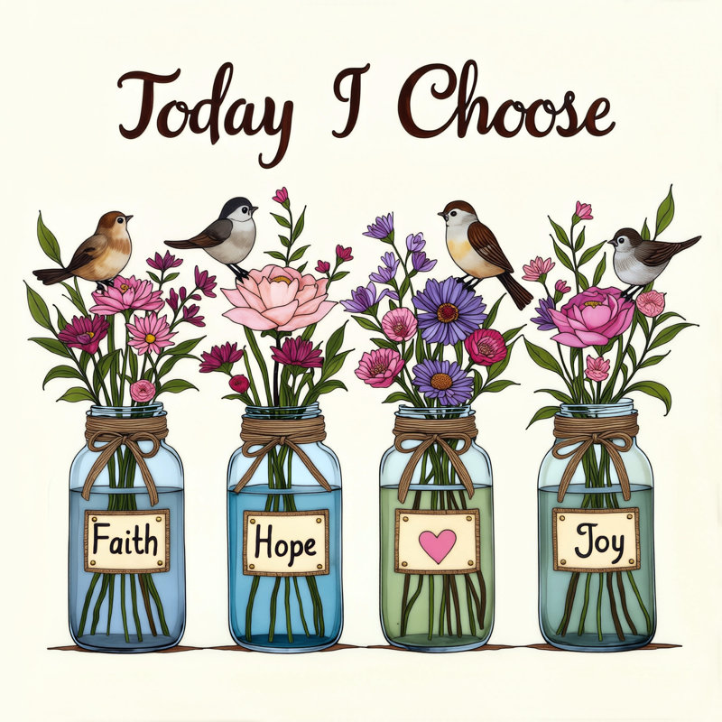 «Today I chois Floral Jars and Birds», art mural sur toile tendue, 20"W x 20"H x 1.5"D