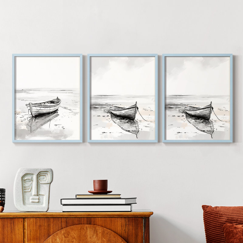 Série Sea and Shore CXVII - Ensemble de 3 estampes numériques - Prêt à accrocher, Noir, noir, noir, noir, H 11 po x l 14 po