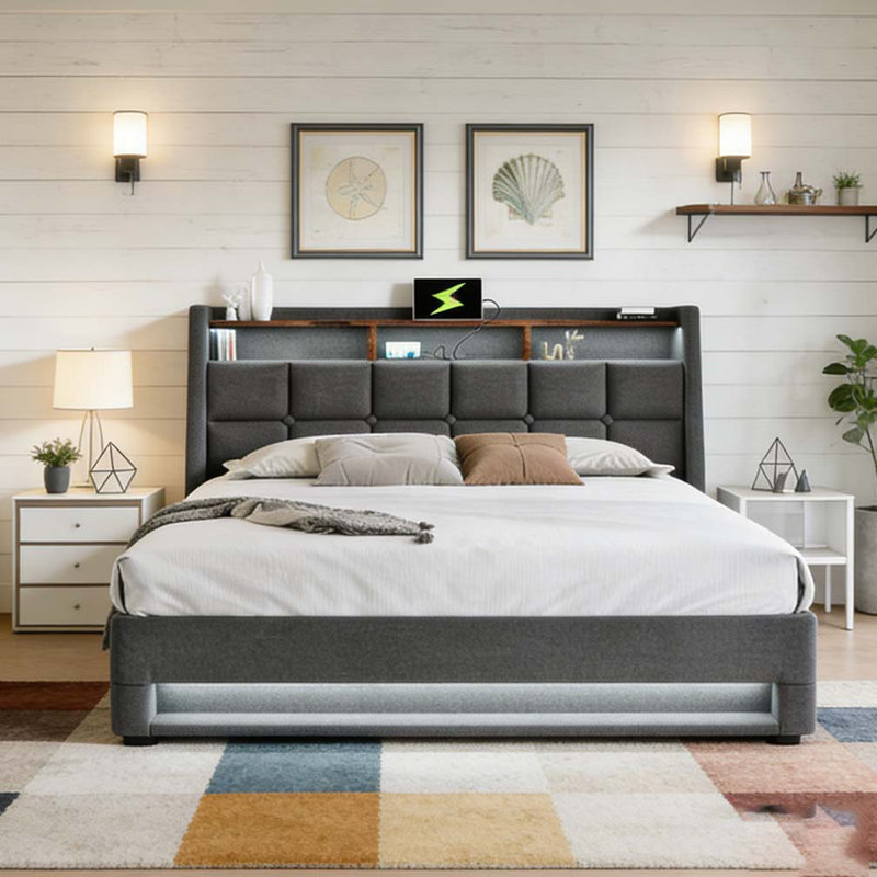 Lit plateforme double tapissier, Gris, Lit double
