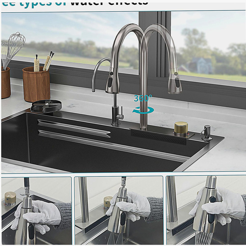 Gunmetal Black Drop in Waterfall Kitchen Sink - 33*22 inch Single Bowl 16 Gauge Stainless Steel Ledge Workstation Kitchen Sinks with Pull-Out Faucet & Cup Washer, Unique Waterfall Design