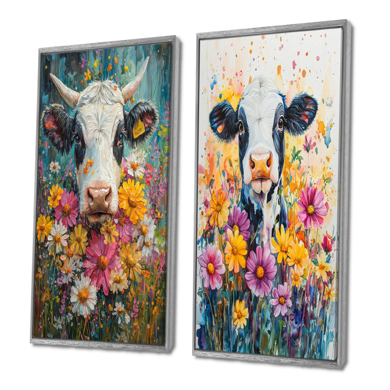 Cow Cow Daisies With Hibiscus I - Collection d'art sur toile 2 animaux, H 32 po x l 33 po, Encadrement argenté
