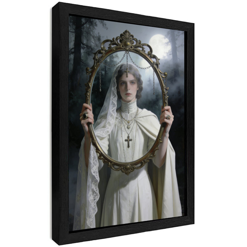 Black Framed Vintage Eerie Gothic, Ghost in the Mirror Wall Art Dark Surrealism Style Framed Prints, 37" H x 25" W