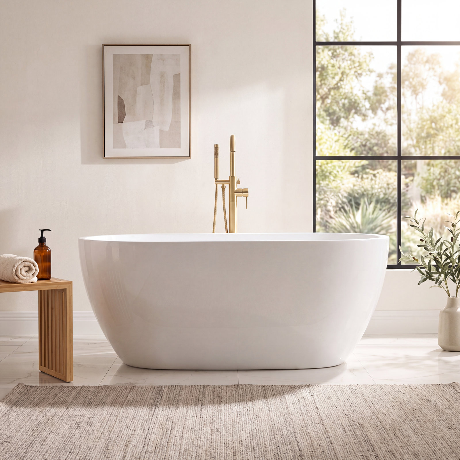 Ember 59" Freestanding Soaking Acrylic Bathtub, White, Brushed Gold