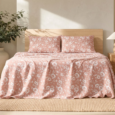 Lit double ultra doux à motif floral, 4 pièces, coloris rose argile primevère, draps en microfibre brossée infroissables
