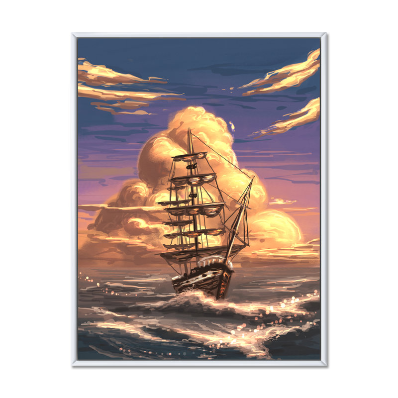 «Video Game Fantasy Ship Coastal Sunset», reproduction de photo sur toile, H 20 po x l 12 po x P 1 po, Cadre flottant blanc