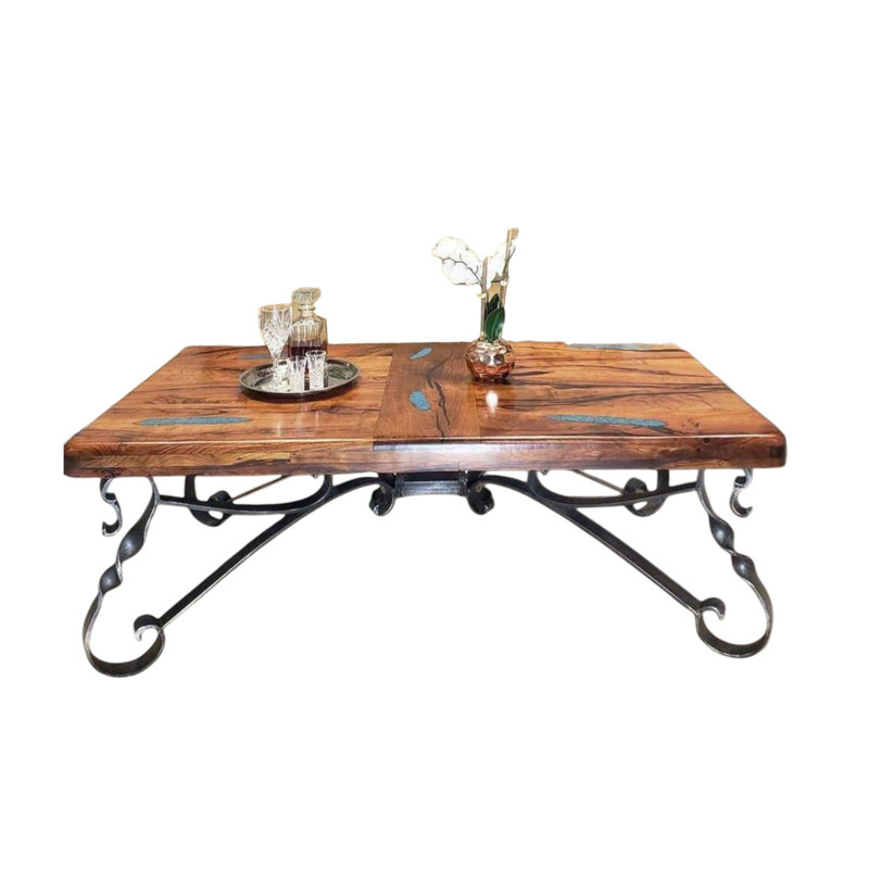 Table basse Mesquite & Turquoise: Centre de table rustique fabriqué à la main