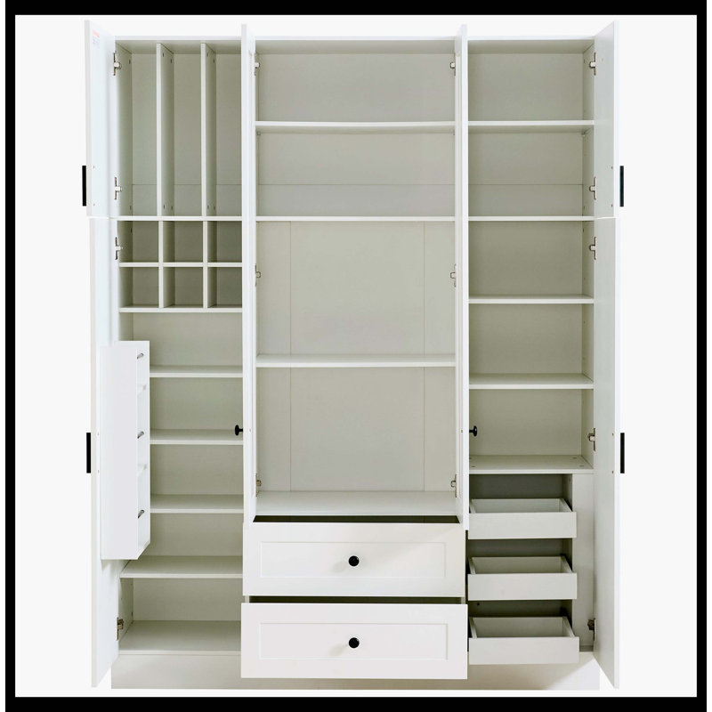 [Vidéo d'assemblage disponible] Grand garde-manger moderne avec 6 portes, armoire de rangement de 53,2 po x l 17,7 po avec tiroirs, tablettes réglables, plateaux coulissants et support à vin pour la salle à manger, blanc
