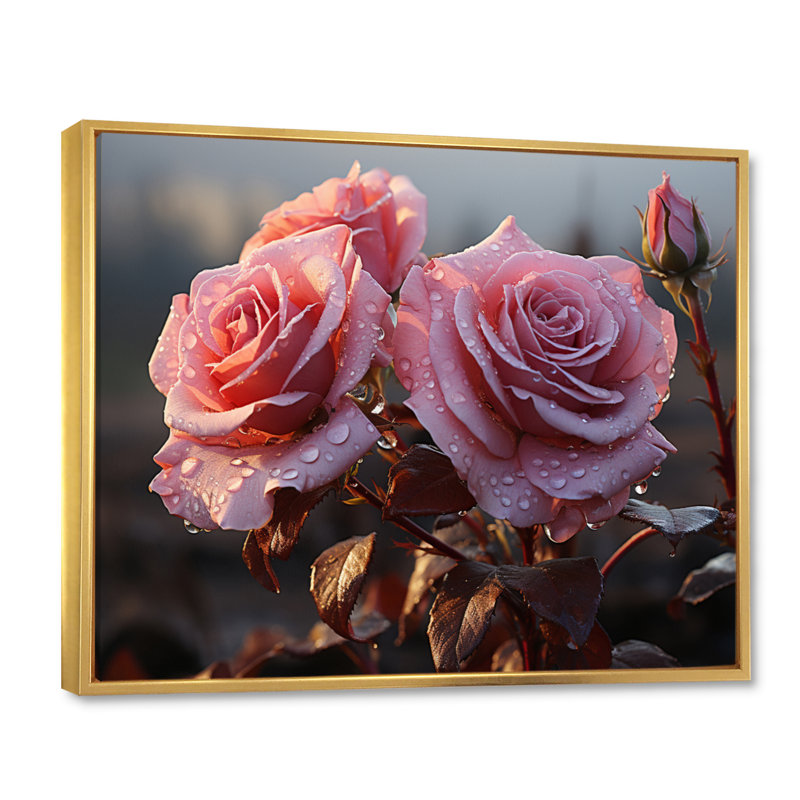 Roses roses lustrées du matin, Cadre flottant doré, H 30 po x l 40 po x P 1,5 po