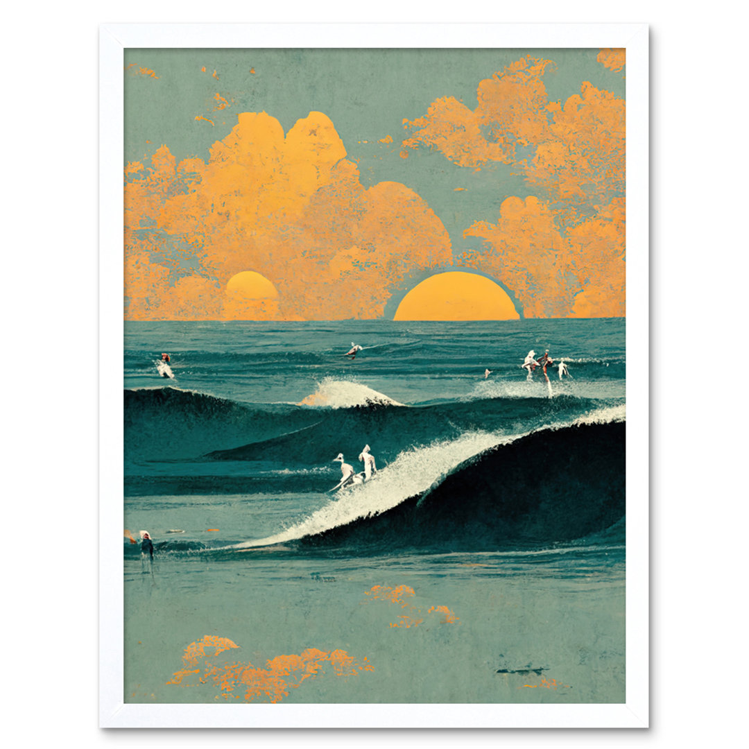 Surfers Surfing Chasing Waves Sunset Abstract - Print