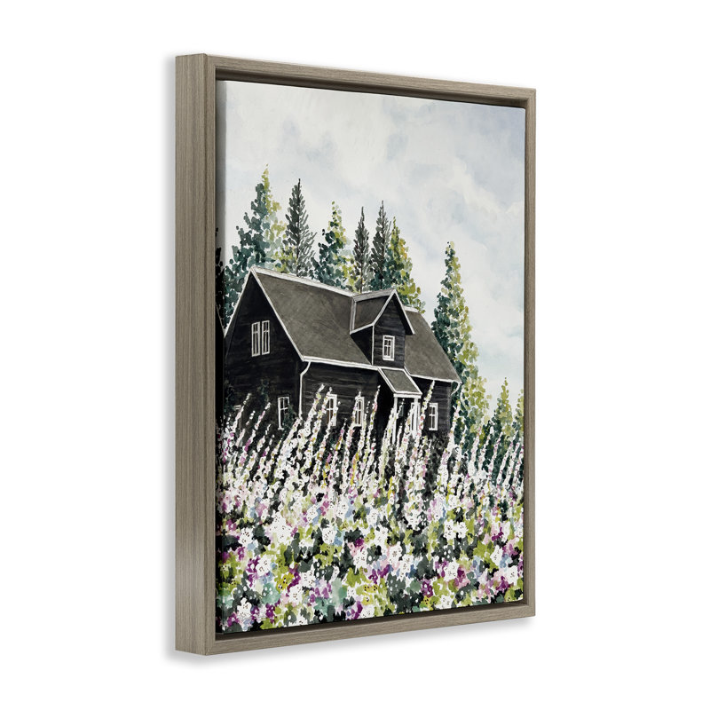 «Cabin Hidden By Garden Blooms», art mural sur toile flottante brune, design par Cindy Jacobs, H 31 po x l 25 po