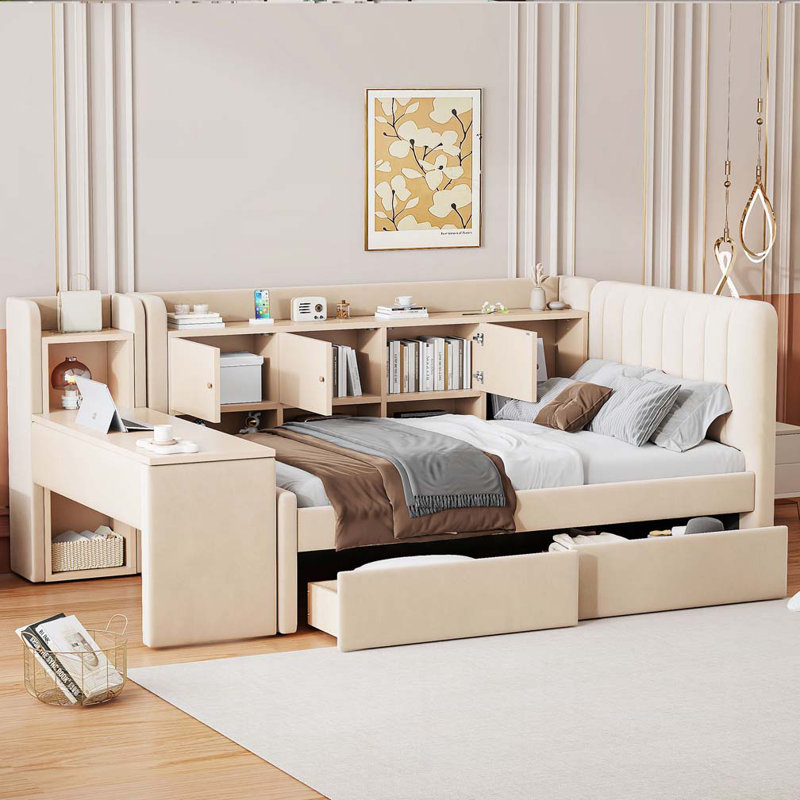 Lit de jour rembourré avec tiroirs, tablettes, armoires rabattables et table d'appoint, Beige