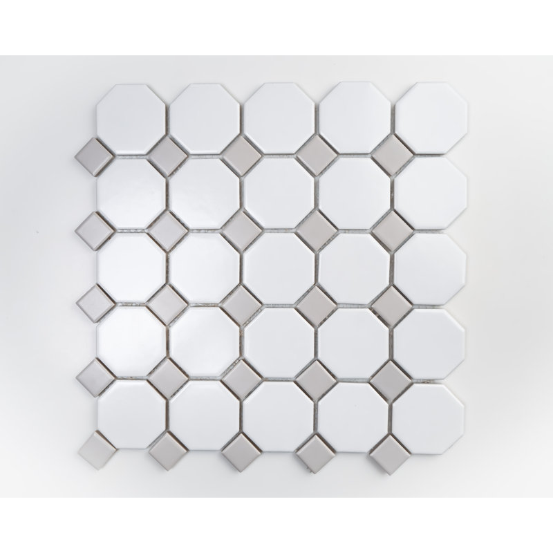 Carrelage mosaïque en porcelaine carrée octogonale 12 x 12 po (boîte de 10 feuilles), Blanc / Gris