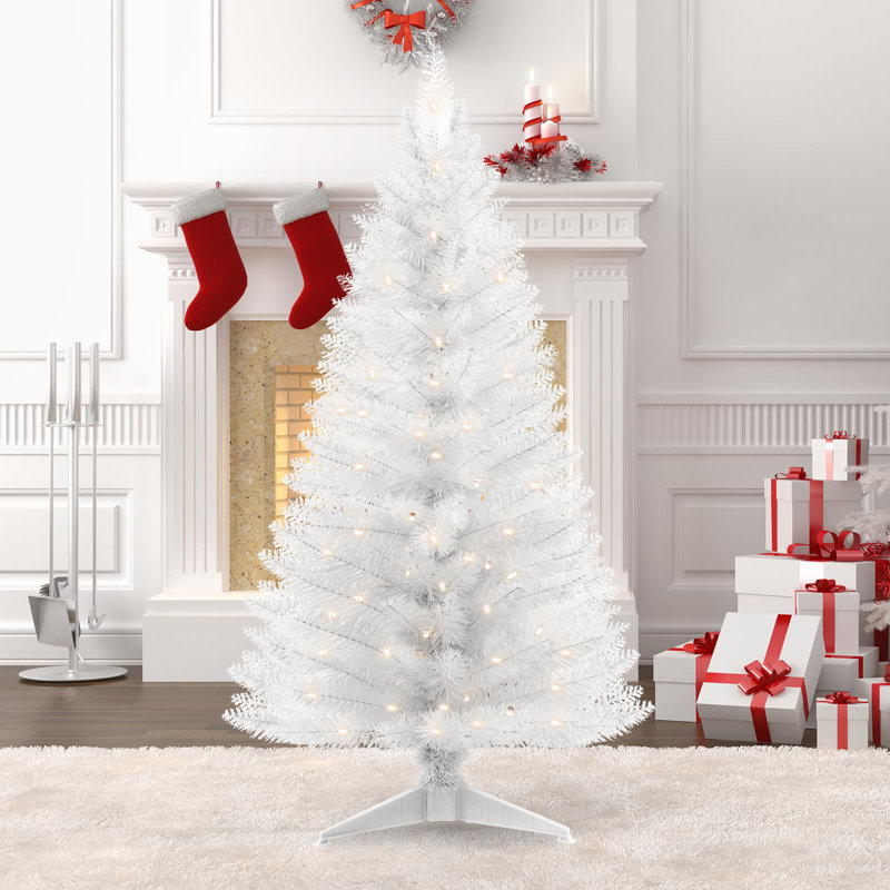 Arbre de Noël blanc illuminé 4 pi avec lumières blanches chaudes, arbre de Noël artificiel 122 branches, installation facile en 3 minutes pour la décoration de la cheminée