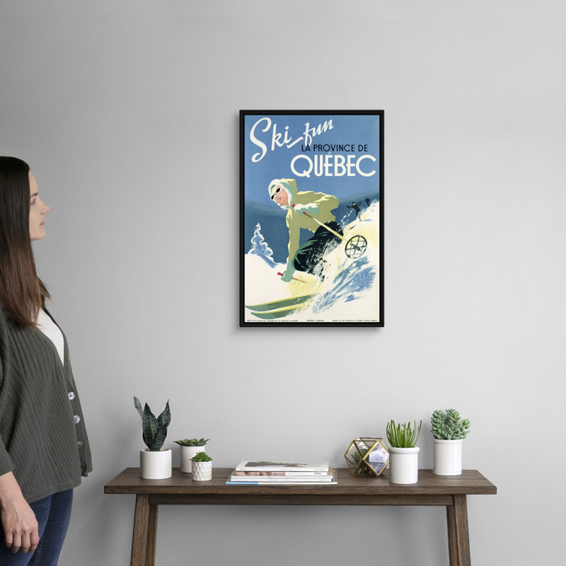 Affiche sur les vacances de ski dans la province de Québec, vers 1938, école canadienne, reproduction sur toile, Cadre noir