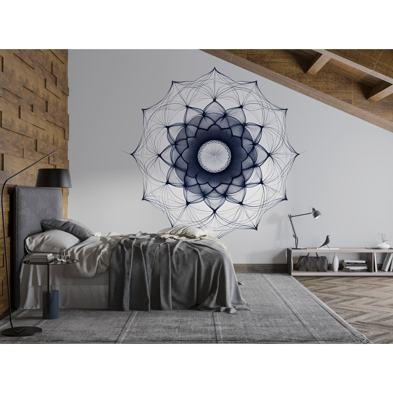 Adhésif décoratif mandala bleu marine, art mural géométrique grande chambre à coucher, tête de lit amovible Boho 094Mv