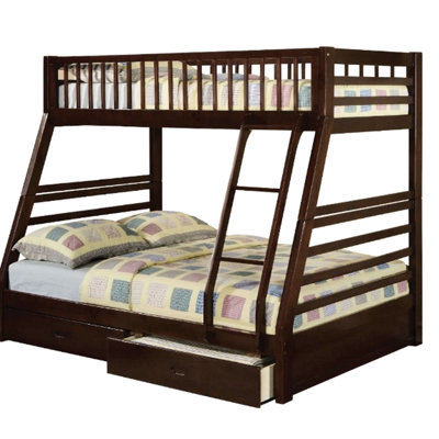 Wooden Twin/Full Bunk Bed With 2 Drawers And 57.5 In. Depth Size Right Front