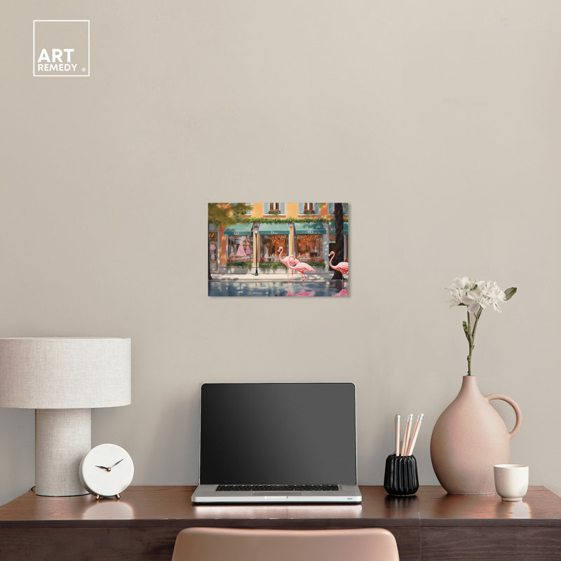 Flamingo Plaza Wrapped Canvas Wall Art in Pink and Green