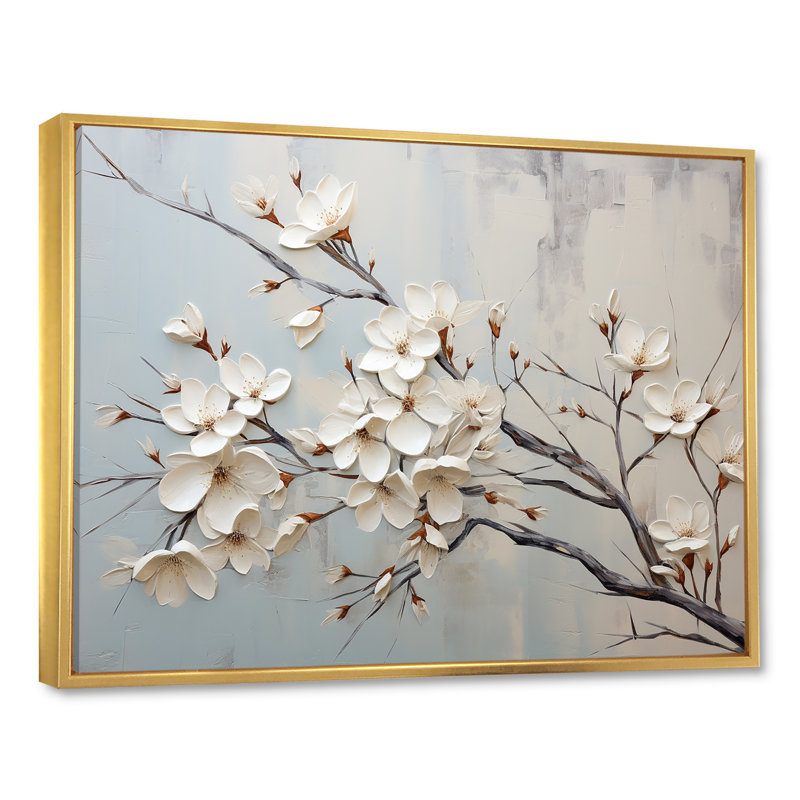 «White Dogwood Blossom Scenery III» - art mural cornouiller, Cadre flottant doré, H 30 po x l 40 po x P 1,5 po