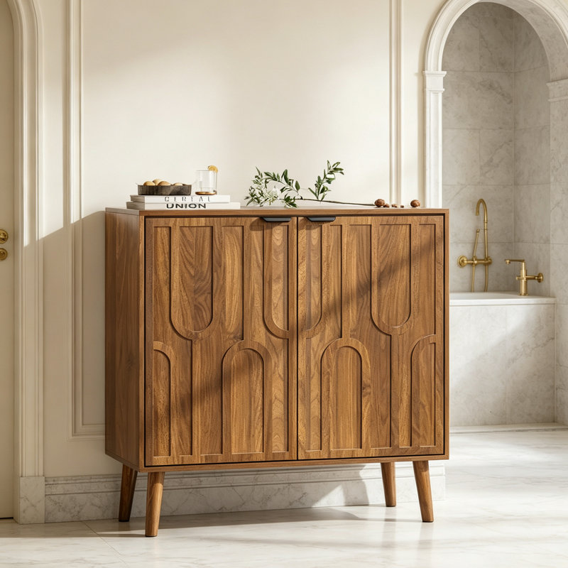 Bathroom Cabinet with Storage,30" Tall 3D Geometric Pattern Wooden Storage Cabinet with Doors & Adjustable Shelves