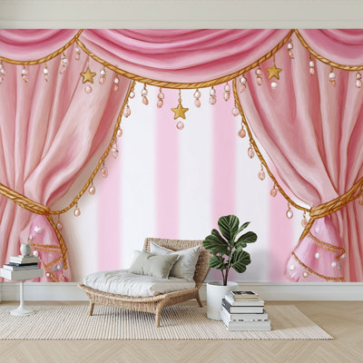 Peel and Stick Wallpaper 96" W x 69" H Modern Self Adhesive Wall Mural for Bedroom Elegant Pink Draped Curtain Pearls Gold Accents