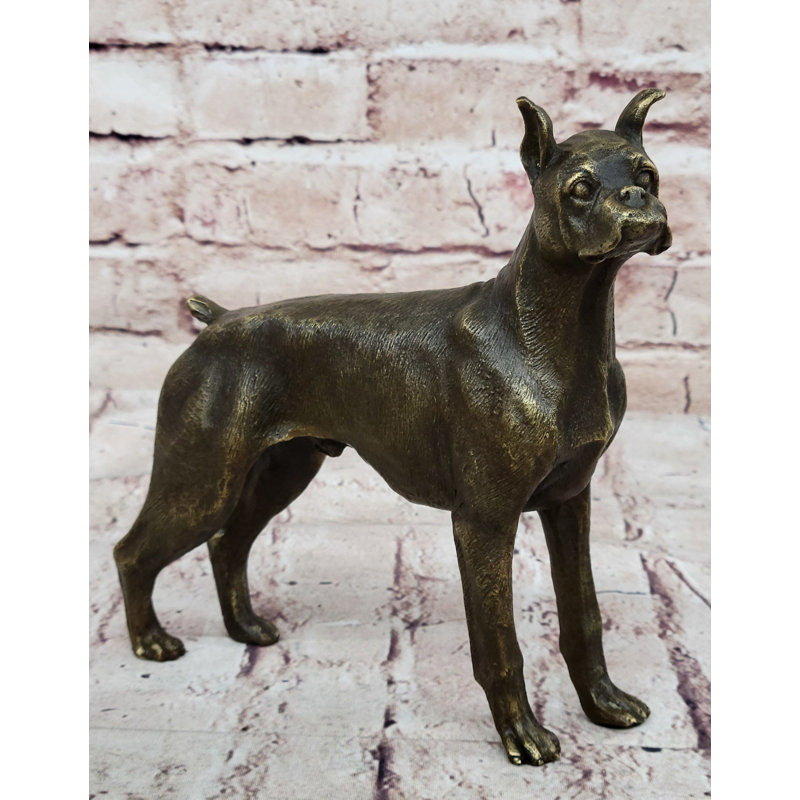 Bronze Boxer Dog Metal Statue Sculpture 8" x 9"