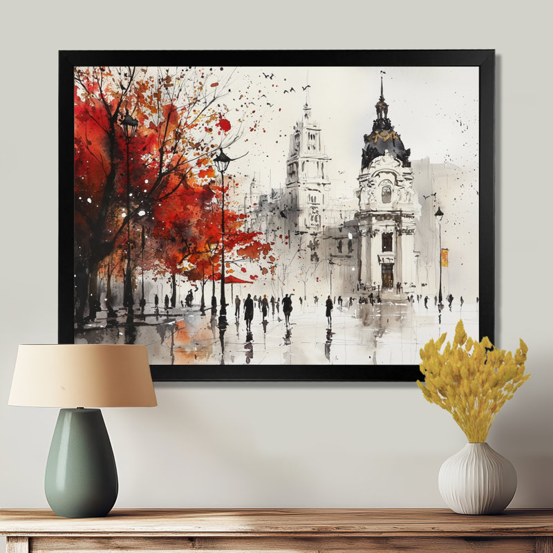 Vibrant Madrid Streets In Autumn I - Madrid Wall Art, 12" H x 20" W, Single Picture Framed Print without Mat, Black