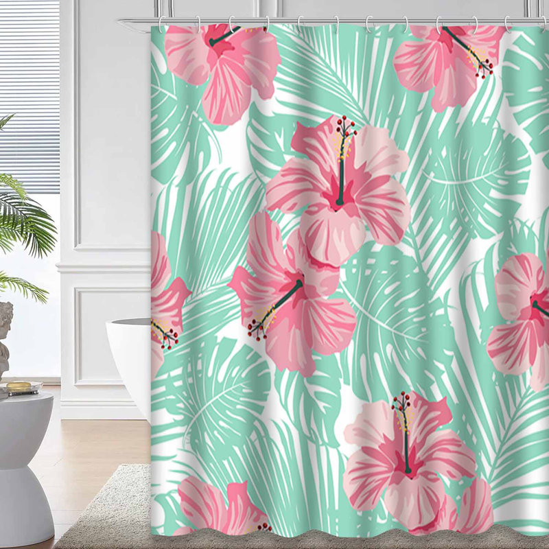 Rideau de douche imperméable à motif floral corail et hibiscus à 12 crochets, L 72 po x l 78 po