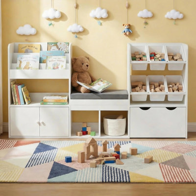Kids’ Toy Organizer With Bench, Bookshelf And 6 Plastic Bins