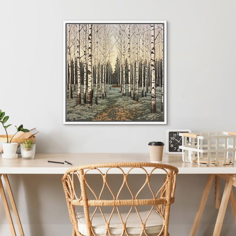 «Serene Winter Birch Trees Snowy Forest Illustration Modern Art Relax / Calm Warm», reproduction d'art sur toile, Blanc