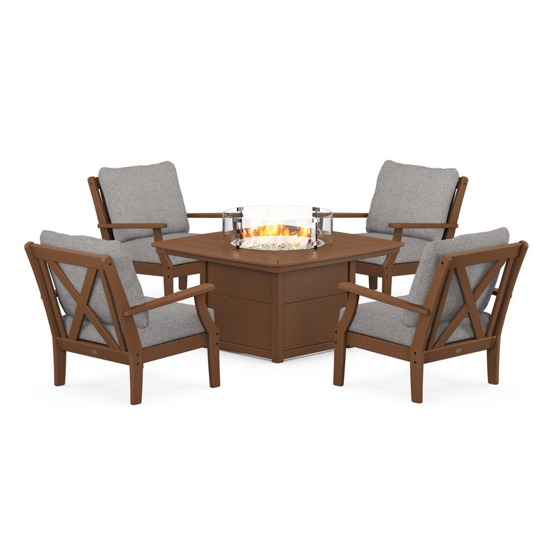 Braxton 5-Piece Deep Seating Conversation Set with Fire Pit Table, Grey Mist, Teak