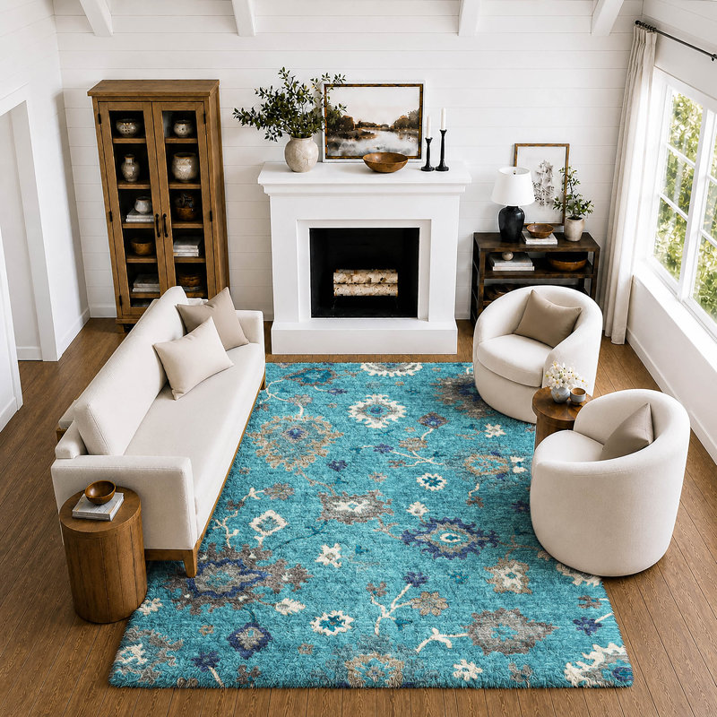 Tapis Oushak Dream Shag ADS753, lavable à la machine, de qualité supérieure, Teal, 3 pi x 5 pi