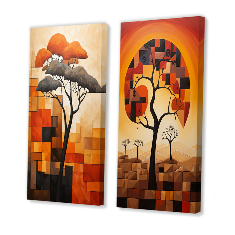 Cubiste, arbre africain, paysage I - arbre africain, ensemble de 2 reproductions d'art mural, H 28 po x l 25 po, Toile tendue