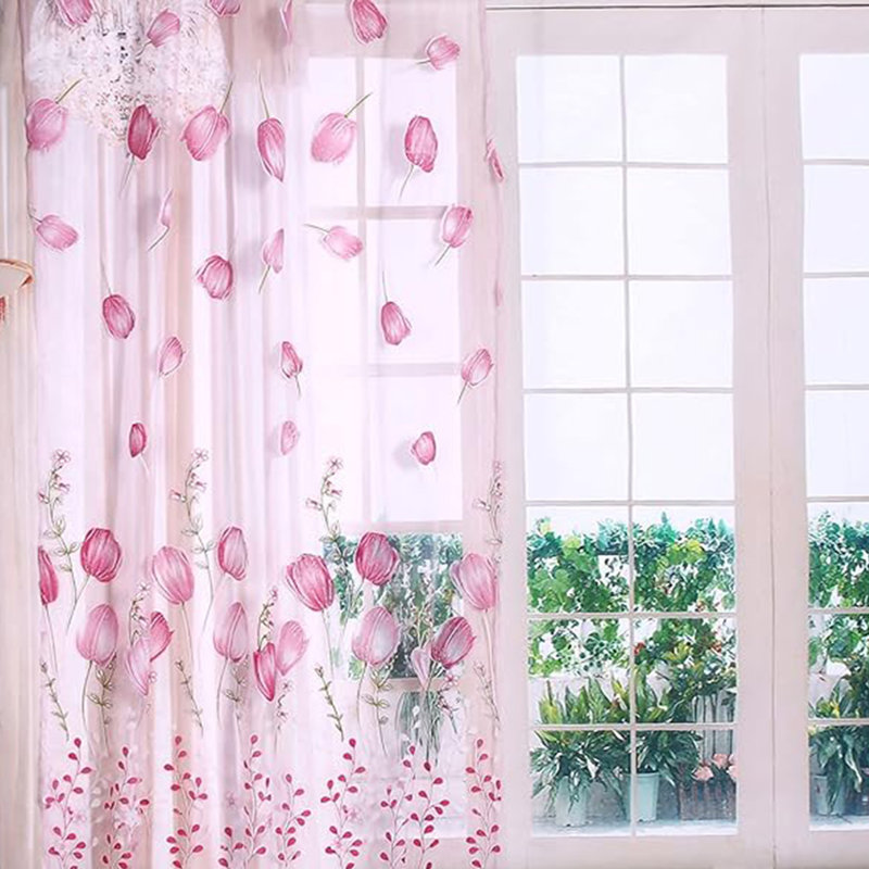 Tulip Sheer Curtains Light Filtering Rod Pocket Window Curtain Set, 100x200CM, 4 Panels, 4, Pink