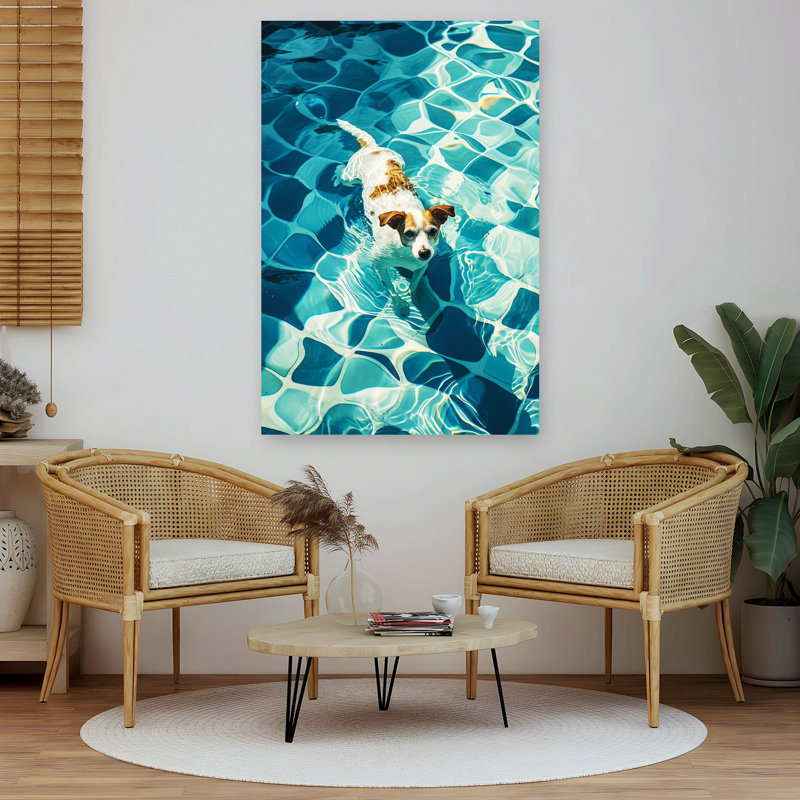 Happy Dog In Pool Contemporary Dog Summer Wall Art Print 1 Piece Wrapped Canvas Wall Art, 152.4cm H x 101.6cm W