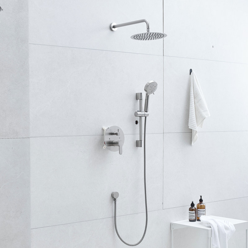 10-Inch Shower System, Slide Bar Shower Faucets Sets Complete Round Shower Heads And 5-Spray Handheld Combo, Wall Mounted Matte Black Shower Faucet
