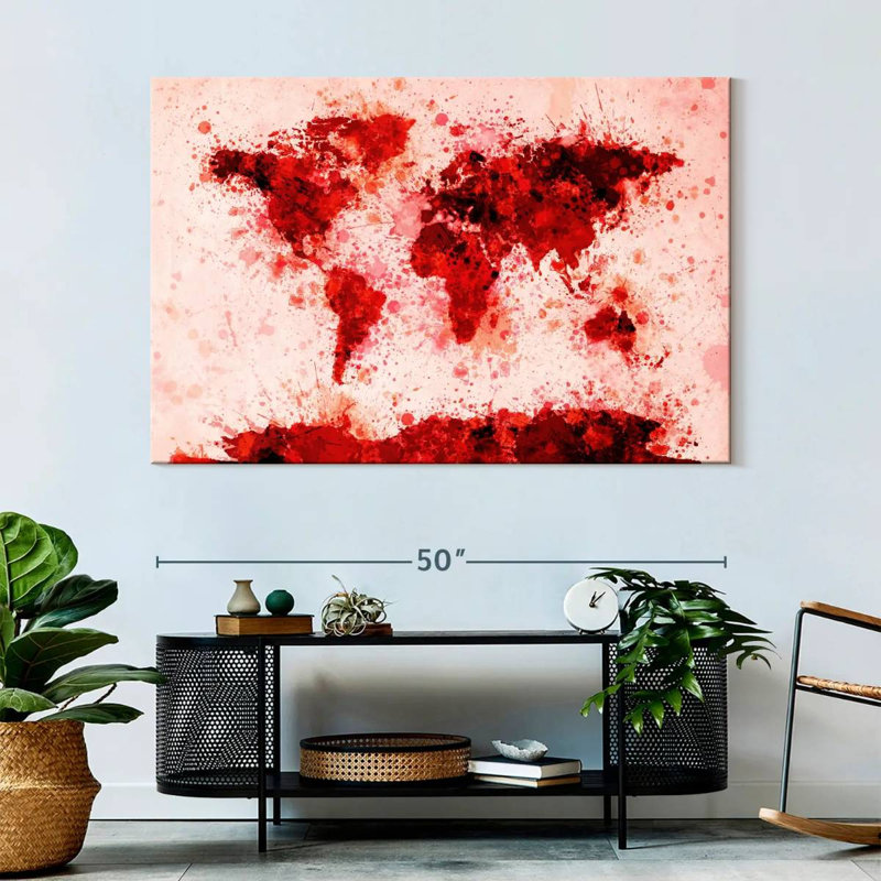 Aliaz World Map Paint Splashes Red, 34" H x 51" W