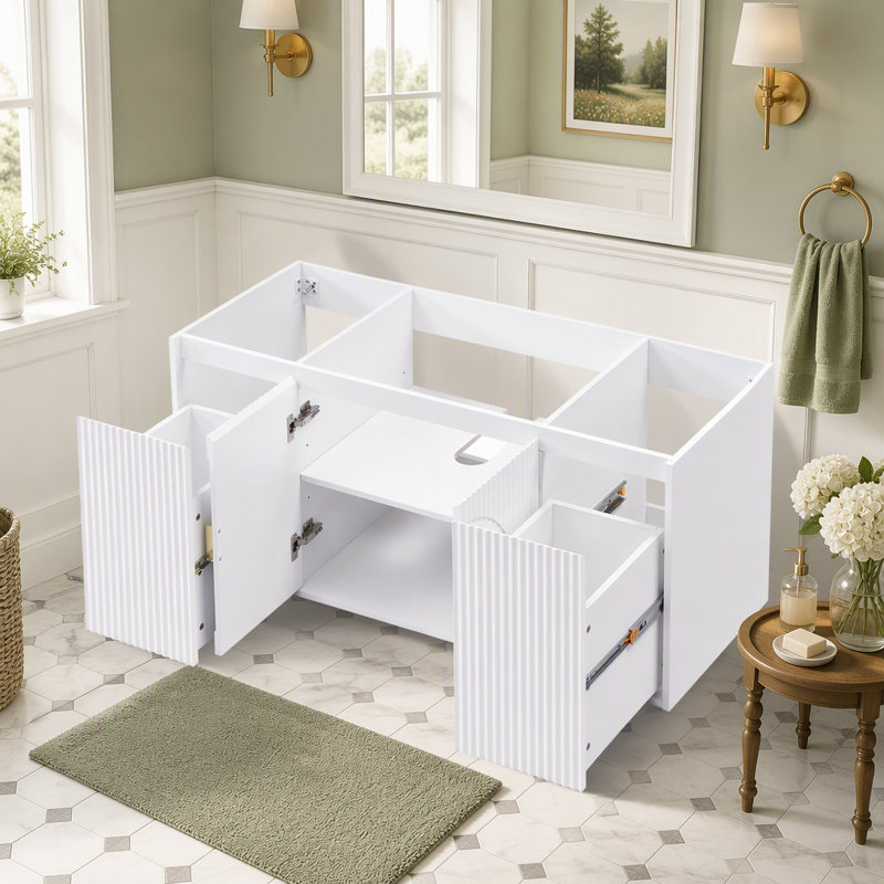 Wall Mount Bathroom Vanity Cabinet without Sink, Fluted Doors, Soft Close Drawers and Doors, Gold Handles, White Finish