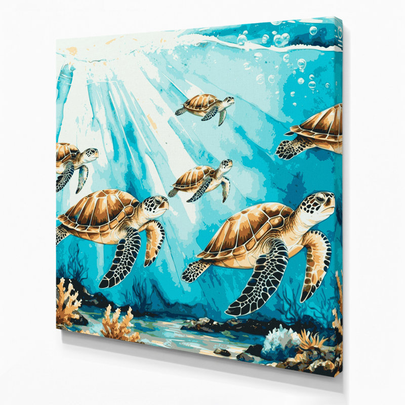 «Hawaiian Natation Turtles», art mural sur toile verte, H 32 po x l 32 po