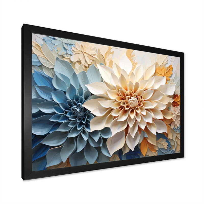 Simple dahlia beige et bleu simple sur toile, H 24 po x l 32 po x P 1 po, Cadre simple noir