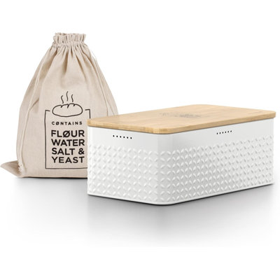 Bread Box I Metal Box With Linen Bag For Long Lasting Freshness I Bread Bin With Bamboo Lid Usable As Cutting Board I 13.4X7.3X5.3In (Pure White)