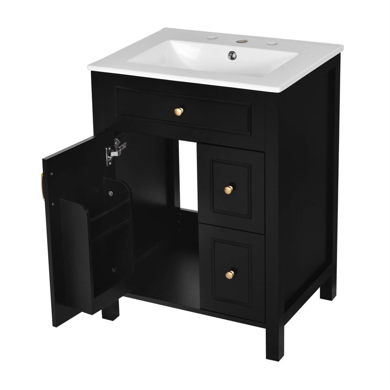 24" Bathroom Vanity With Ceramic Sink, 1 Soft Close Door, 2 Soft Close Drawers, And Double Storage Racks On The Door, Black