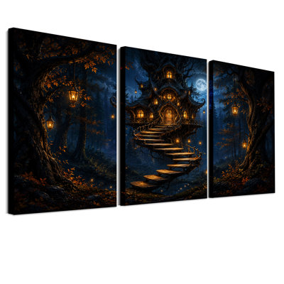 Ensemble de 3 toiles murales représentant une cabane dans les arbres fantaisiste avec des lanternes pour l'Halloween