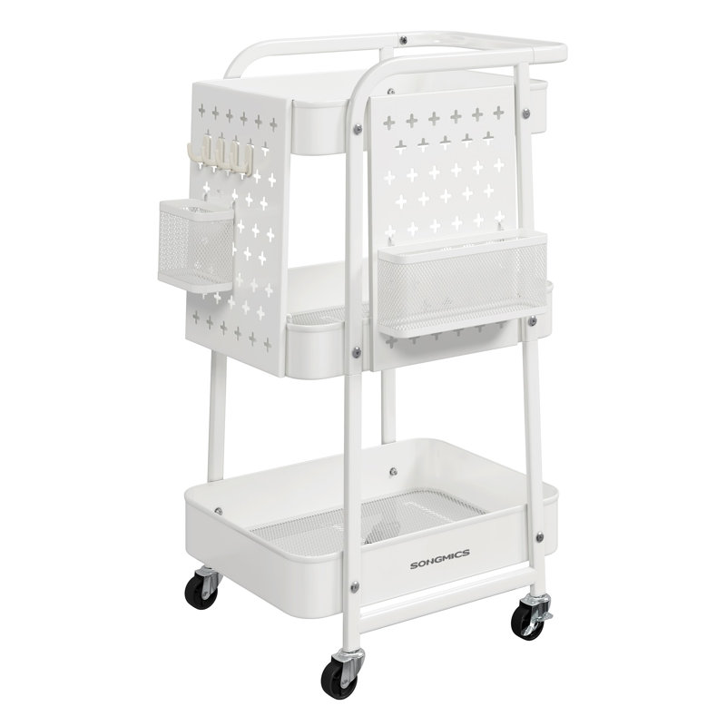 29.1'' H X 17'' W 3-Tier Rolling Utility Cart with 2 Hanging Holders, 2 Removable Pegboards and 4 Hooks, White