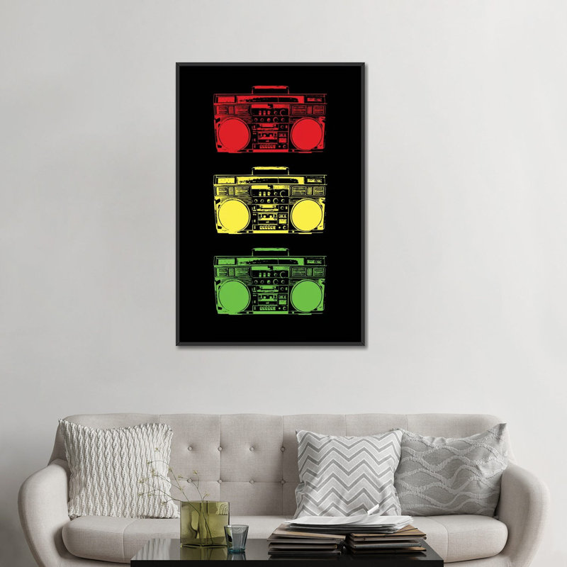 «Boom Box Cubed Rasta», impression sur toile, H 26 po x l 18 po x P 1,5 po, Toile avec cadre noir, Pas de tapis